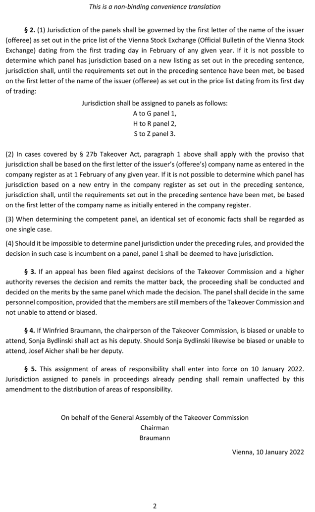 Assignment of areas of responsibility within the Takeover Commission